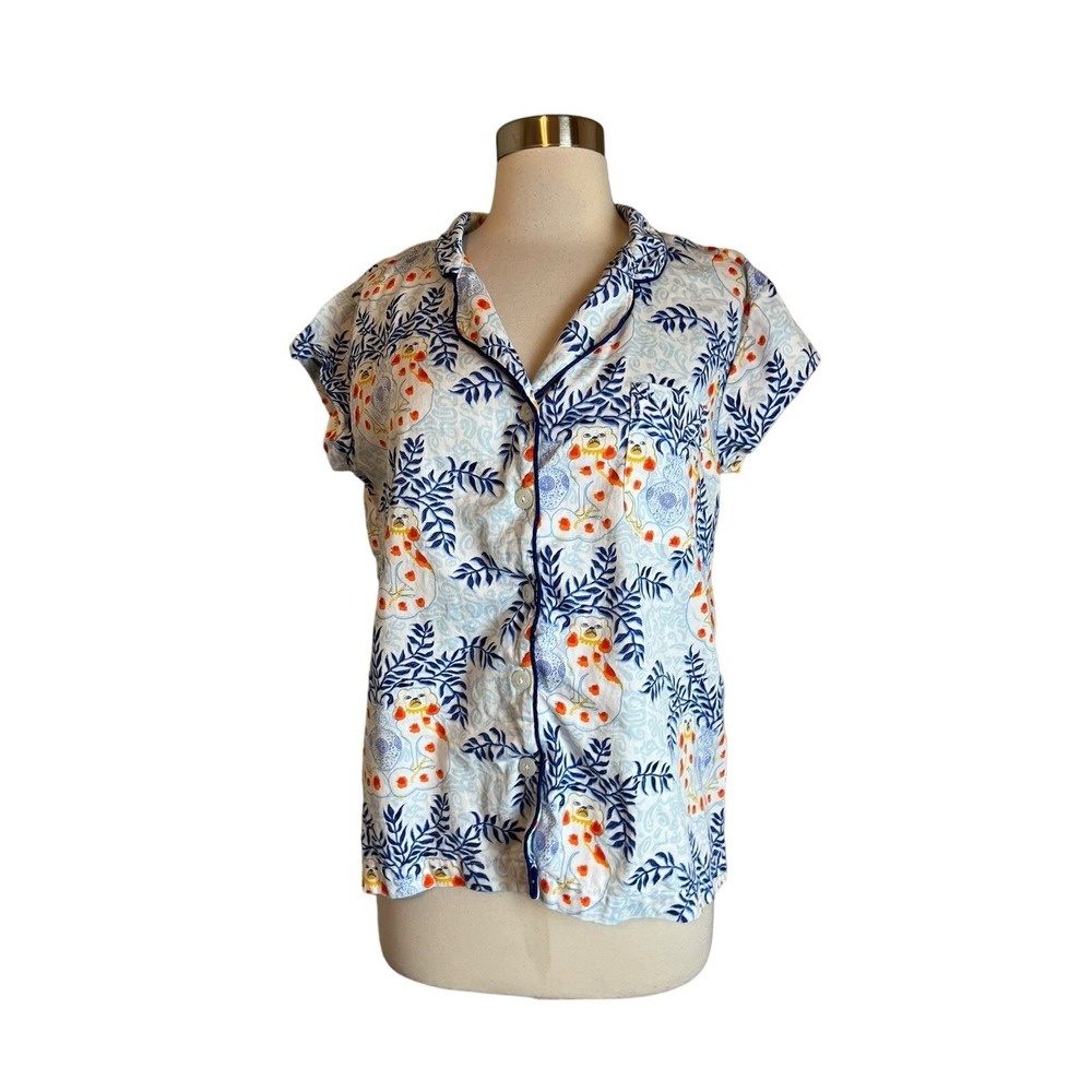 Jayes Studio Pajama Shirt S Staffies Short Sleeve Cotton Satin Chinoiserie Dogs